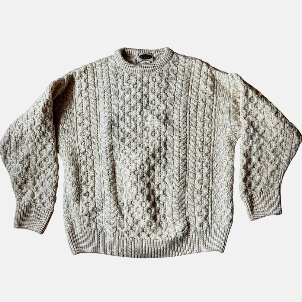 Sweaters of Ireland Irish fisherman’s knit sweater pullover SZ L beige wool FLAW